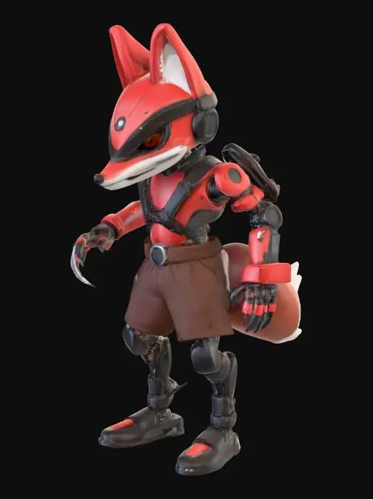 3D model for робот лис красного цвета  черная повязка на левом глазу коричневы шорты вместо левый руки крюк 
 
