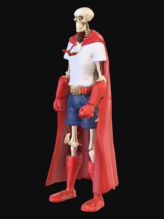 3D model for высокий скелет в белой футболке золотой ремень синие шорты красные перчатки красные сапоги красный плащ 
 