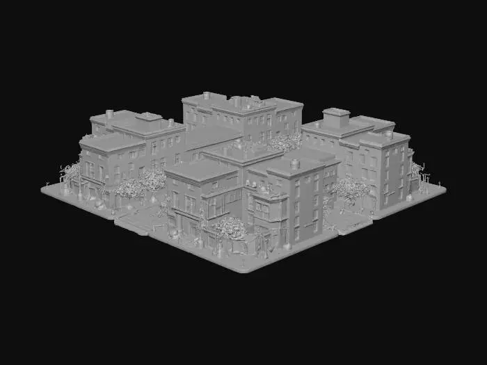 3D model for A large-scale realistic American city section for an open-world game, high-fidelity 3D map asset. The scene features a dense layout of mixed architecture: detailed 19th-century red brick buildings with rusty external fire escapes contrasting with sleek modern glass skyscrapers. The environment includes realistic wide asphalt streets with cracks and road markings, American-style traffic lights, street lamps, and concrete sidewalks. Photorealistic textures, detailed geometry, cinematic lighting, Unreal Engine 5 render style, urban atmosphere, 8k resolution, isometric composition, high poly.