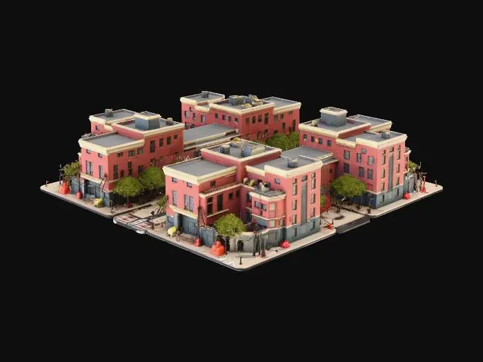 3D model for A large-scale realistic American city section for an open-world game, high-fidelity 3D map asset. The scene features a dense layout of mixed architecture: detailed 19th-century red brick buildings with rusty external fire escapes contrasting with sleek modern glass skyscrapers. The environment includes realistic wide asphalt streets with cracks and road markings, American-style traffic lights, street lamps, and concrete sidewalks. Photorealistic textures, detailed geometry, cinematic lighting, Unreal Engine 5 render style, urban atmosphere, 8k resolution, isometric composition, high poly.