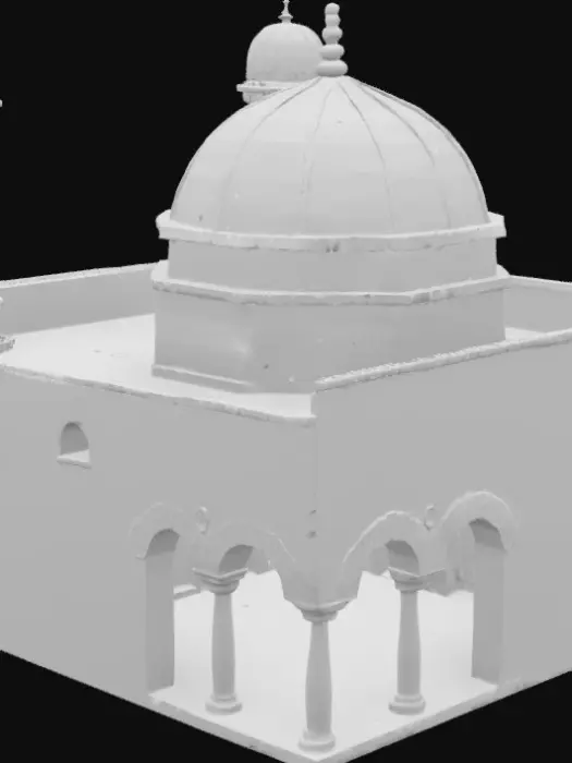 3D model for A realistic Afghan mosque, mostly intact with light battle damage. Built from sun-dried clay bricks and faded whitewashed plaster. Features a single cracked minaret and a dome with minor structural wear. The walls show light bullet marks and smoke staining. Include three large wooden arched doors placed in deep wall recesses — these doors should be visibly separate from the main mesh for interaction. Windows are small, some with broken wooden shutters. The interior has cracked columns, a dusty prayer mat, and some rubble near the walls. The structure stands weathered but strong.