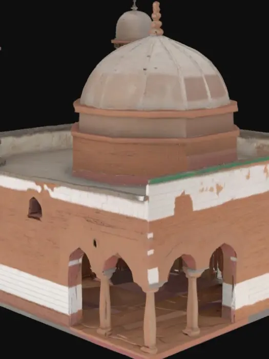 3D model for A realistic Afghan mosque, mostly intact with light battle damage. Built from sun-dried clay bricks and faded whitewashed plaster. Features a single cracked minaret and a dome with minor structural wear. The walls show light bullet marks and smoke staining. Include three large wooden arched doors placed in deep wall recesses — these doors should be visibly separate from the main mesh for interaction. Windows are small, some with broken wooden shutters. The interior has cracked columns, a dusty prayer mat, and some rubble near the walls. The structure stands weathered but strong.