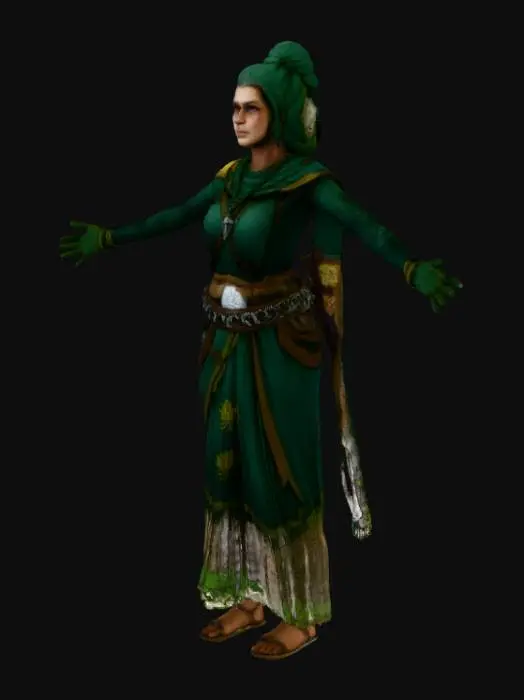 3D model for A resilient, middle-aged Ceylonese village woman model, embodying an old-style Assassin's Creed character. She is dressed in simple, yet sturdy, traditional village attire—perhaps a wrap-around 'osariya' or 'lama sari' in earthy tones like terracotta, deep blue, or forest green, suitable for daily work. Her attire is practical, with subtle pleats or folds that hint at hidden movement. Her face shows wisdom and quiet strength, with dark, observant eyes. She carries an everyday village tool like a harvesting sickle, a basket, or a clay pot, but holds it with an underlying readiness, suggesting a hidden capability. She is positioned within a vibrant, ancient Sri Lankan village scene—perhaps by a well,