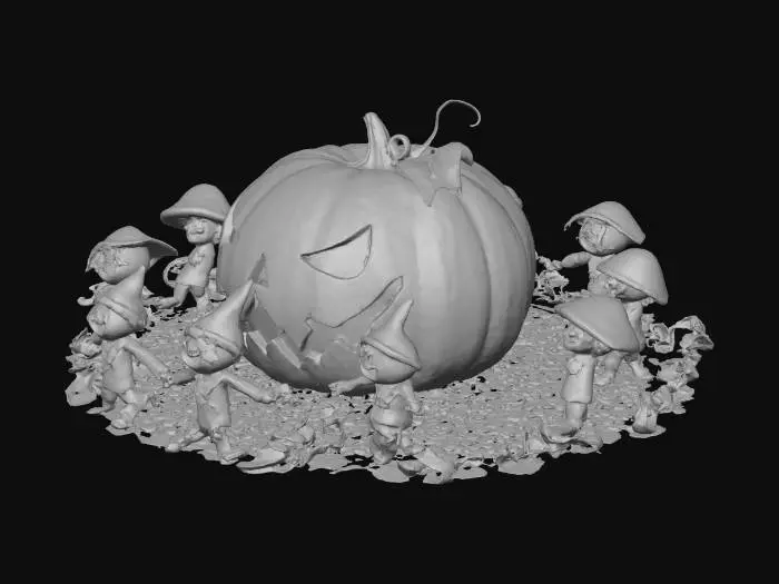3D model for Dancing halloween toadstools and munchkinds around a carved out pumpkin