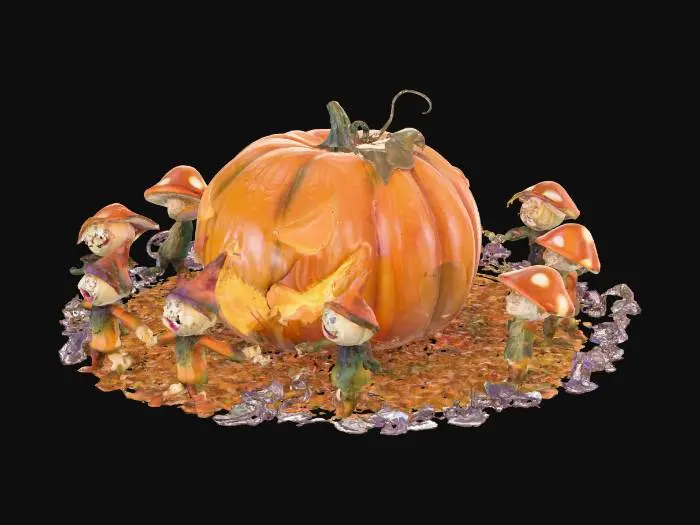 3D model for Dancing halloween toadstools and munchkinds around a carved out pumpkin