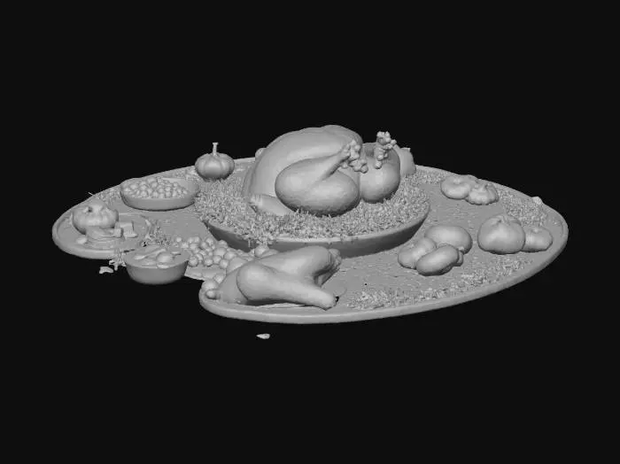 3D model for have a turkey sit on a chair   next to a table filled with food.  Big open roaring fire next to the table with festivity decorations hanging  around the room