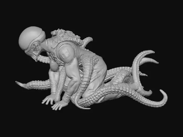 3D model for a marine from the colonial division has an alien envelopes him as it wraps tentacles around him. The marine is on his knees on the floor due to the huge size of this monster alien. as he tried to escape along the corridor to the escape pod