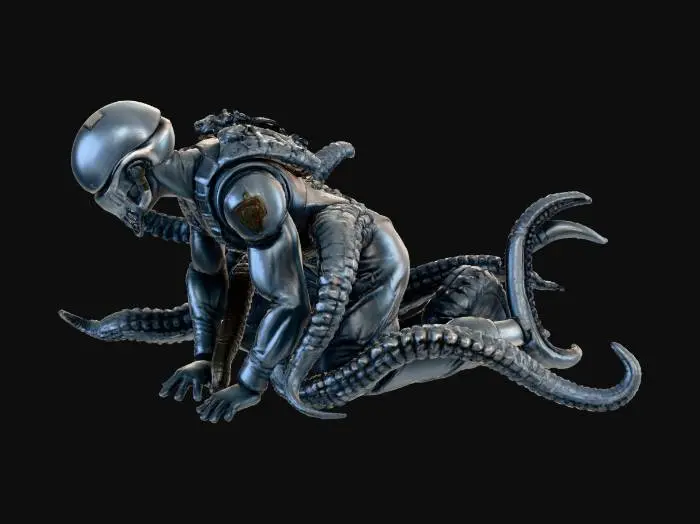 3D model for a marine from the colonial division has an alien envelopes him as it wraps tentacles around him. The marine is on his knees on the floor due to the huge size of this monster alien. as he tried to escape along the corridor to the escape pod