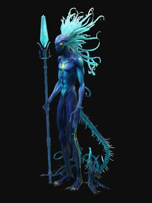 3D model for Tall, slender alien with skin that shimmers between deep indigo and turquoise.
Its head is elongated, crowned with glowing fronds that sway like antennae.
Four arms: the upper pair gripping organic reins, the lower pair holding a spear tipped with a crystal that pulses like a star.

Bioluminescent markings trace across its body, glowing faintly in rhythm with its heartbeat.
A towering quadruped, part tyrannosaur, part dragon.
Its hide is obsidian black, cracked with glowing magma‑like fissures.
Along its spine, jagged crystalline spines emit a cold blue light, contrasting with the fiery glow of its body.
Its eyes burn molten orange, and each step leaves behind a faint scorch mark on the volcanic ground.
A volcanic plain under twin moons, with rivers of lava glowing in the distance.