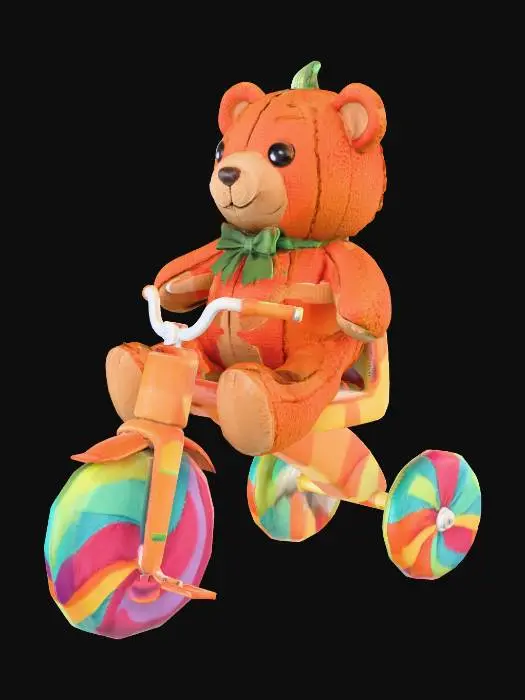 3D model for candy corn tricycle with lolipop wheels with a pumpkin teddy bear riding it