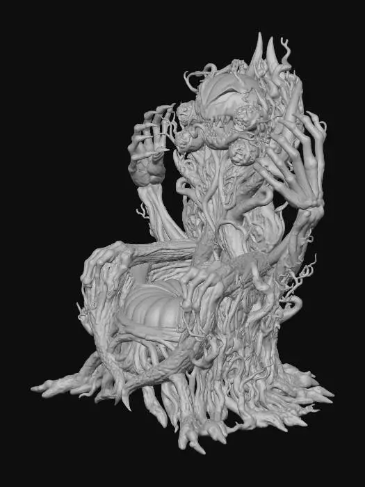 3D model for Throne gothic chair with arms that can grasp you made from  pumpkins and dark wood with  gold gilding in places around the throne
