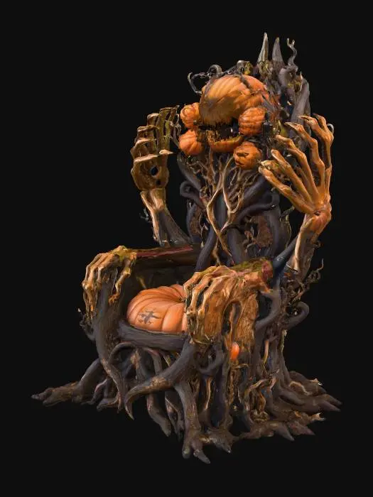 3D model for Throne gothic chair with arms that can grasp you made from  pumpkins and dark wood with  gold gilding in places around the throne