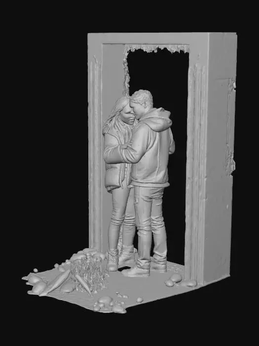 3D model for create me a scene of a man and woman sitting inside a broken down building walls torn apart where they are exposed to the elements only a small campfire to stay warm.