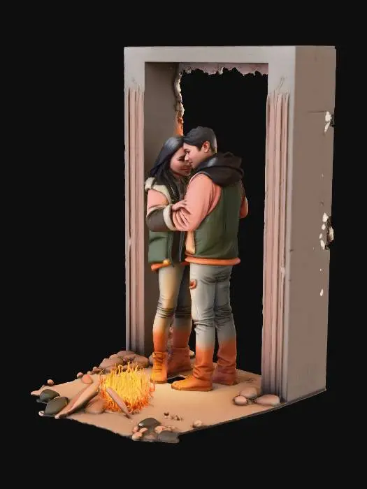 3D model for create me a scene of a man and woman sitting inside a broken down building walls torn apart where they are exposed to the elements only a small campfire to stay warm.