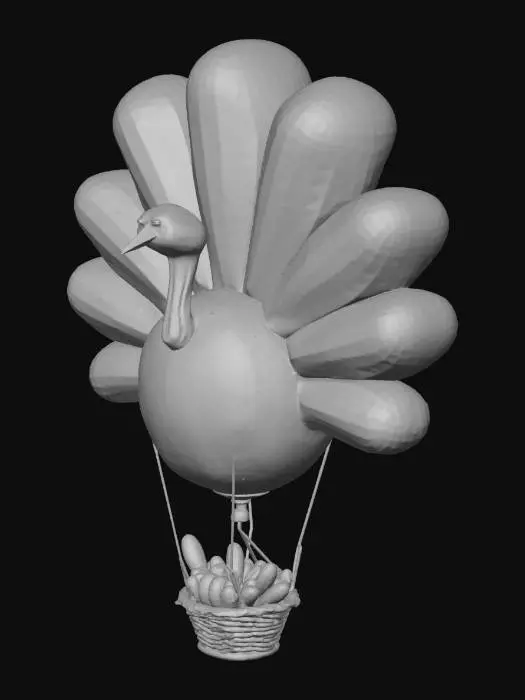 3D model for thanksgiving hot air balloon in shape of a turkey  with a basket full of food hanging below it.