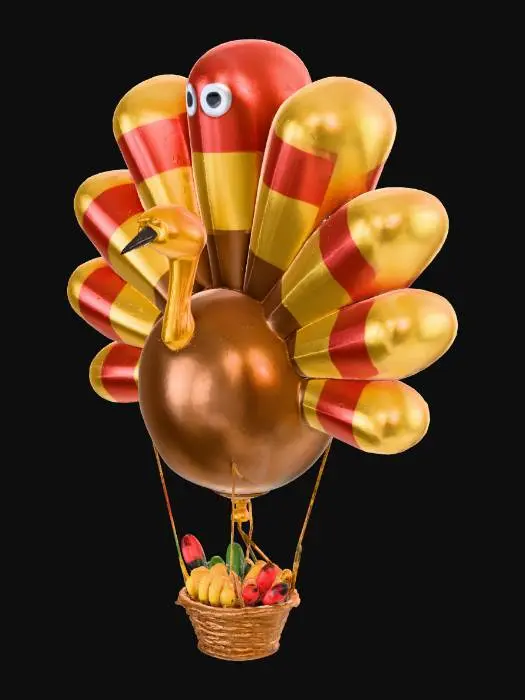 3D model for thanksgiving hot air balloon in shape of a turkey  with a basket full of food hanging below it.
