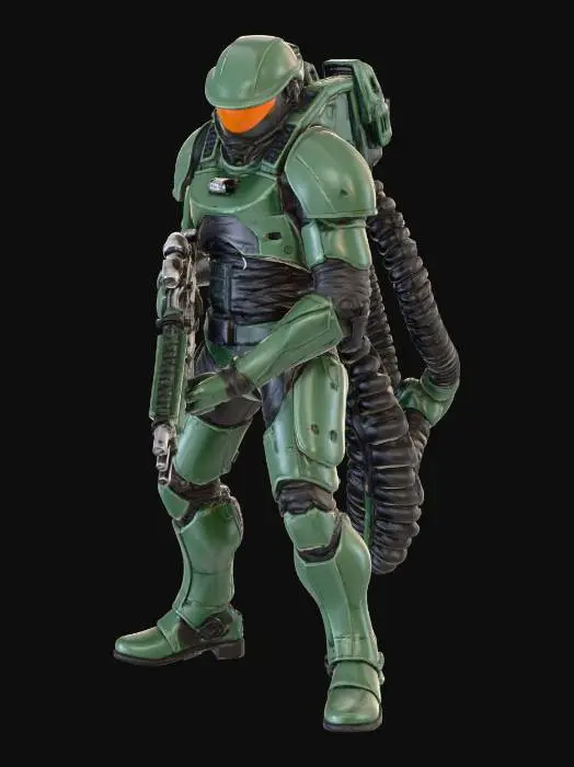 3D model for a space marine from the colonial division has an alien wrapped around him as he falls kneeling on the floor due to the size of this monster alien. as he tried to escape along the corridor to the escape pod