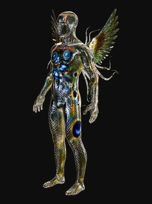 3D model for The being does not arrive in the conventional sense—it unfolds into existence, as if reality itself is rearranging to accommodate it. Its form is both vast and intimate, towering yet somehow close enough to feel personal.  Its body is semi-transparent, a lattice of flowing geometry like fractals in constant motion. Limbs are indistinct, shifting between wings, tendrils, and beams of light. Its "face" is a constellation of eyes, each one reflecting galaxies, oceans, and memories. Surfaces shimmer like liquid crystal, refracting light into cascading rainbows. A faint hum resonates from it, harmonizing with the heartbeat of those nearby. The air around it bends, distorting perception—time feels slower, thoughts sharper.