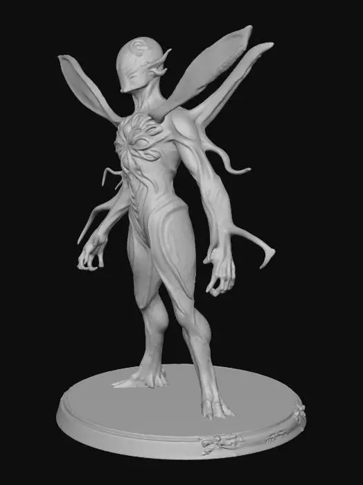 3D model for The being does not arrive in the conventional sense—it unfolds into existence, as if reality itself is rearranging to accommodate it. Its form is both vast and intimate, towering yet somehow close enough to feel personal.  Its body is semi-transparent, a lattice of flowing geometry like fractals in constant motion. Limbs are indistinct, shifting between wings, tendrils, and beams of light. Its "face" is a constellation of eyes, each one reflecting galaxies, oceans, and memories. Surfaces shimmer like liquid crystal, refracting light into cascading rainbows. A faint hum resonates from it, harmonizing with the heartbeat of those nearby. The air around it bends, distorting perception—time feels slower, thoughts sharper.