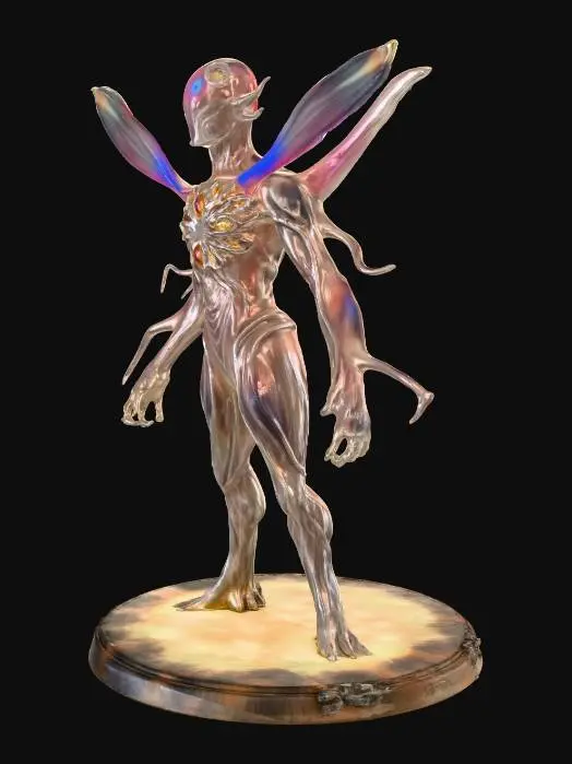 3D model for The being does not arrive in the conventional sense—it unfolds into existence, as if reality itself is rearranging to accommodate it. Its form is both vast and intimate, towering yet somehow close enough to feel personal.  Its body is semi-transparent, a lattice of flowing geometry like fractals in constant motion. Limbs are indistinct, shifting between wings, tendrils, and beams of light. Its "face" is a constellation of eyes, each one reflecting galaxies, oceans, and memories. Surfaces shimmer like liquid crystal, refracting light into cascading rainbows. A faint hum resonates from it, harmonizing with the heartbeat of those nearby. The air around it bends, distorting perception—time feels slower, thoughts sharper.