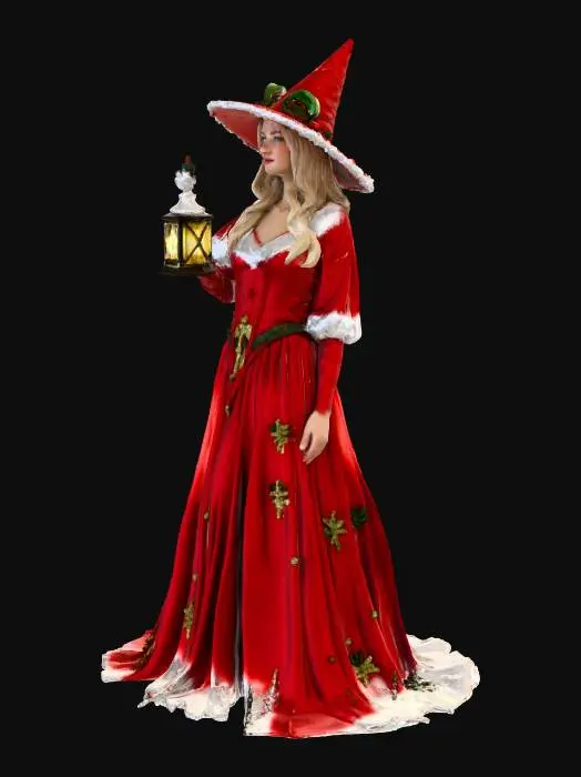 3D model for two ultra-realistic Christmas studio portrait with a festive candy-cane theme. The image should look like a professional holiday photoshoot shot on a 55mm lens, shallow depth of field, crisp focus, studio lighting, 8K realism.
The woman closely resembles the reference photo and keeps the same facial structure, eye shape, nose, lips, and overall appearance. Maintain her natural likeness and proportions without exaggeration.
She is wearing a long, flowing Christmas witch dress in red or green with festive details such as subtle sparkles, embroidered winter patterns, or magical accents. She also wears a matching Christmas witch hat in the same colour and style, decorated with seasonal touches like ribbon, faux snow, or tiny ornaments.
She holds either a glowing witchy Christmas lantern