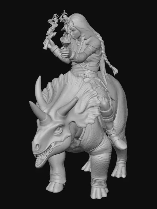 3D model for woman warrior holding a flaming torch whilst  riding on the back of a tricerotops