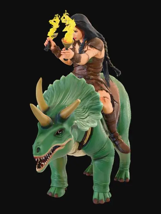 3D model for woman warrior holding a flaming torch whilst  riding on the back of a tricerotops