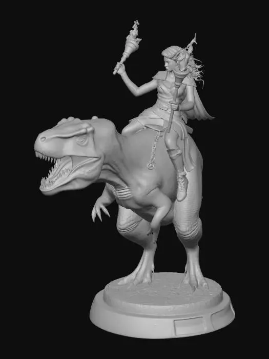 3D model for woman warrior holding a club in her right hand torch whilst  riding on the back of a t-rex