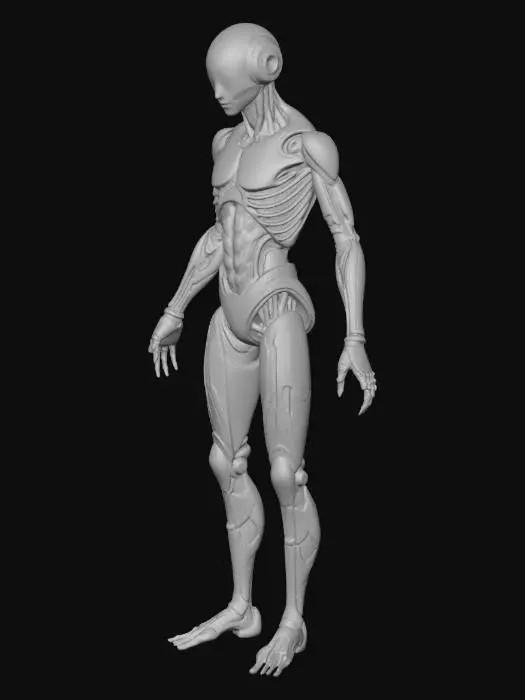 3D model for electronically built person  removing parts from itself to upgrade its own abilities with clear glass like skin showing all moving parts chips and wires