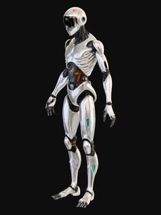 3D model for electronically built person  removing parts from itself to upgrade its own abilities with clear glass like skin showing all moving parts chips and wires