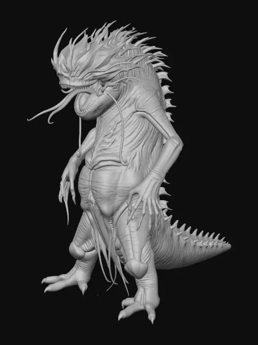 3D model for monster with its mouth opened like a flower and tendrils with spikes coming out to capture its food.  This monster is 20 feet tall with slimy covered body and skeleton bones hanging around its waist. as it moves through the waste lands looking for more