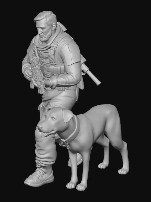 3D model for post apoc warrior with his dog seaching building rubble for survivors high detailed