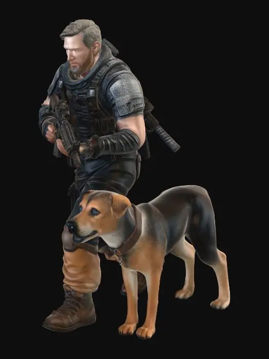3D model for post apoc warrior with his dog seaching building rubble for survivors high detailed