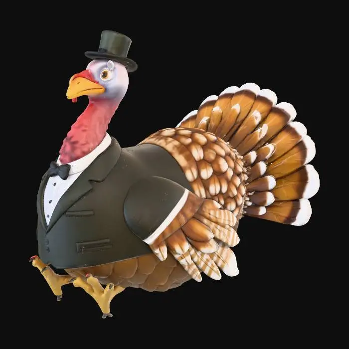 3D model for create a turkey bird dring to it's thanksgiving party in a limosine  the turkey is all dressed up in a suit