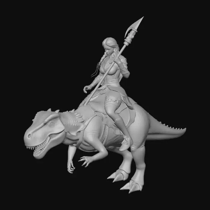 3D model for woman warrior holding a club in her right hand staff only whilst  riding on the back of a t-rex
