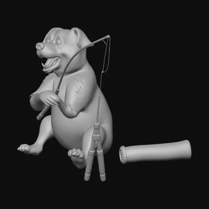 3D model for dog with a fishing rod in its paw casting the line out into the water as it sits on the river bank