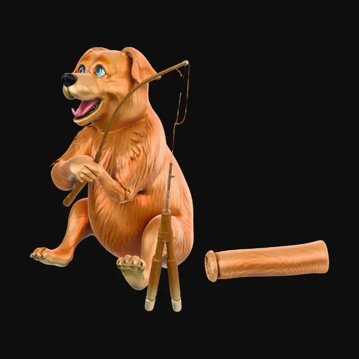 3D model for dog with a fishing rod in its paw casting the line out into the water as it sits on the river bank