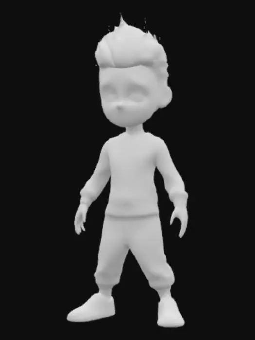 3D model for A semi-chibi cartoon-style adolescent boy stands in an A-pose, featuring a lean build and anatomically correct limbs. He has stylish white hair, a cool hairstyle, expressive eyes, and a confident smile. His form-fitting futuristic breakdance outfit boasts vibrant neon colors and intricate geometric patterns. Detailed sneakers with glowing accents complete the ensemble. The textures are perfectly smooth throughout, with realistic skin texture adding a touch of lifelike quality.