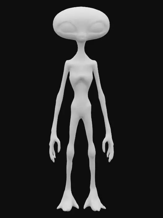 3D model for A t-pose shot of a tall, grey alien with large, dark eyes and an elongated head, standing in a desolate, rocky Martian landscape at twilight. Dust motes visible in the thin atmosphere. The alien's skin has subtle textures, showing slight variations in tone and a hint of an otherworldly luminescence. Its long, slender limbs are poised, as if observing, with its three-fingered hands slightly extended. The background features a distant, hazy Earth visible in the sky, and subtle alien structures or ancient ruins partially obscured by dust. Lighting is low-key, with long shadows cast by the alien, creating a sense of mystery and awe.  subtle details, and an atmosphere of quiet contemplation and momentous encounter. Shot with a prime lens, shallow depth of field, cinematic quality."