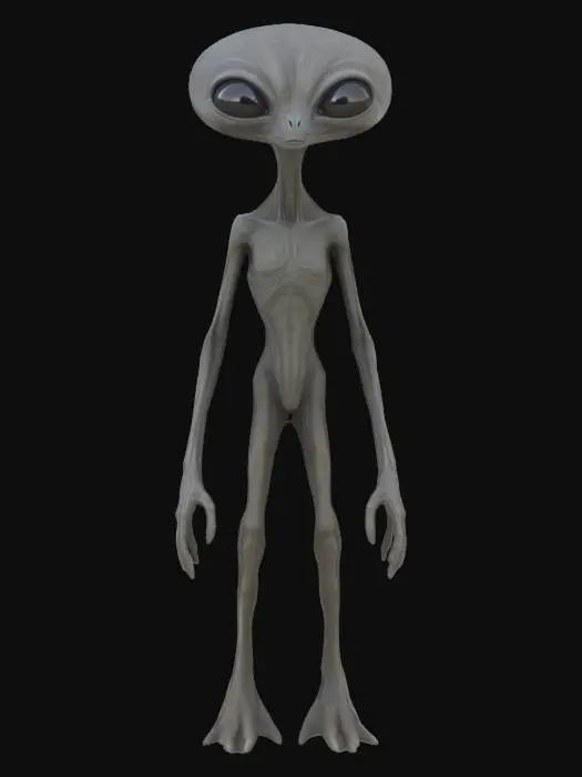 3D model for A t-pose shot of a tall, grey alien with large, dark eyes and an elongated head, standing in a desolate, rocky Martian landscape at twilight. Dust motes visible in the thin atmosphere. The alien's skin has subtle textures, showing slight variations in tone and a hint of an otherworldly luminescence. Its long, slender limbs are poised, as if observing, with its three-fingered hands slightly extended. The background features a distant, hazy Earth visible in the sky, and subtle alien structures or ancient ruins partially obscured by dust. Lighting is low-key, with long shadows cast by the alien, creating a sense of mystery and awe.  subtle details, and an atmosphere of quiet contemplation and momentous encounter. Shot with a prime lens, shallow depth of field, cinematic quality."