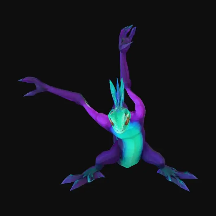 3D model for a lizard in a blue-green and purple gradient, wearing an indigo cape