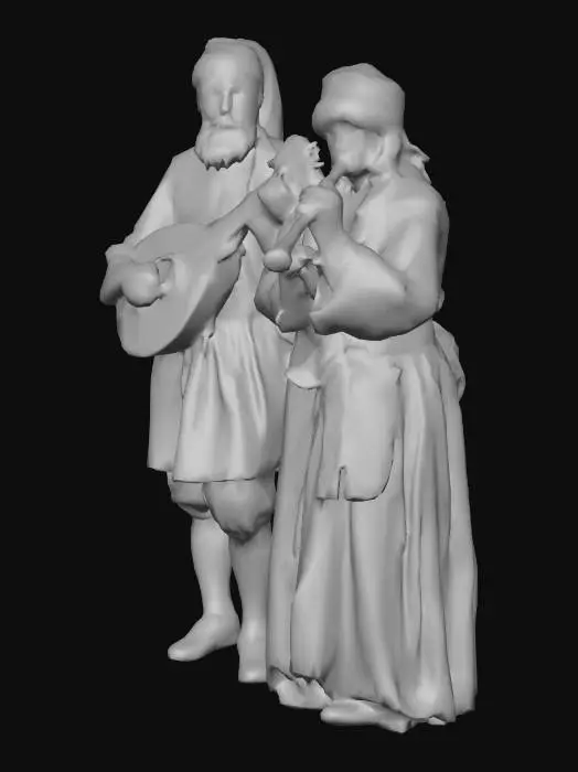 3D model for a band of medieval musicians playing by the fireplace.