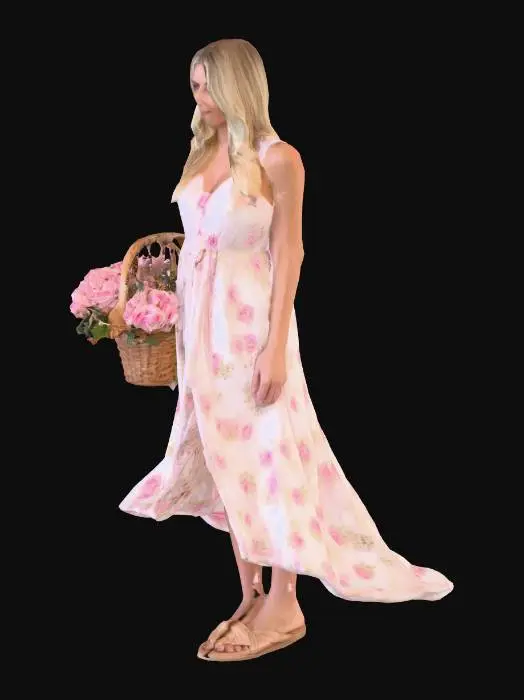 3D model for tall blonde woman with DD breasts with a basket of pink roses