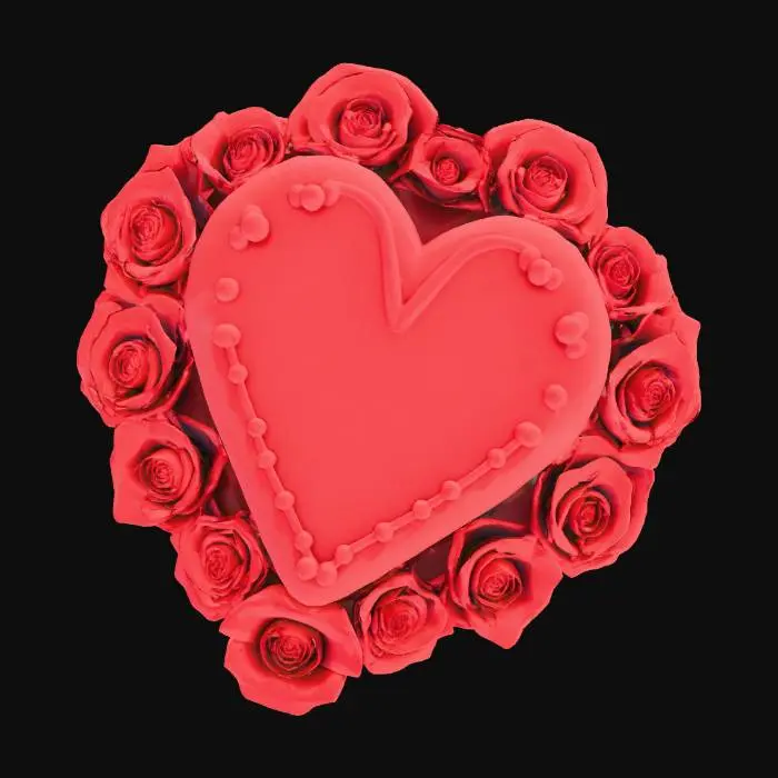 3D model for heart shape cake with many 
red roses around the base and side and flat top