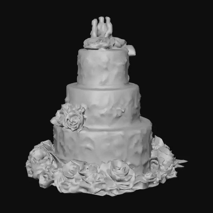 3D model for A  3 level wedding cake highly decorated in pastel colors with gold pillar supportlng each level and the cute couple on top