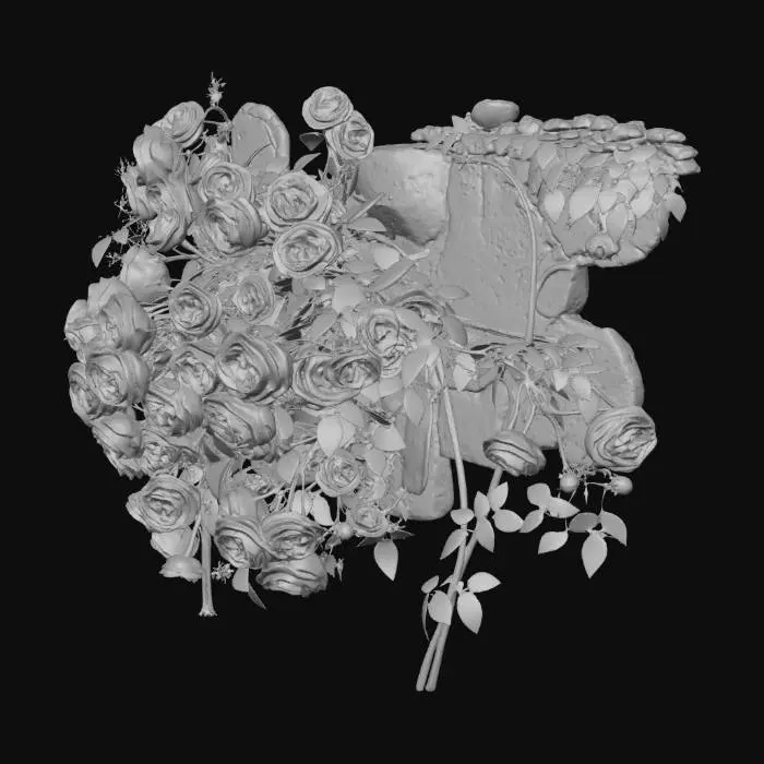 3D model for pink rose vines crawling up the wall of a ruins in full bloom