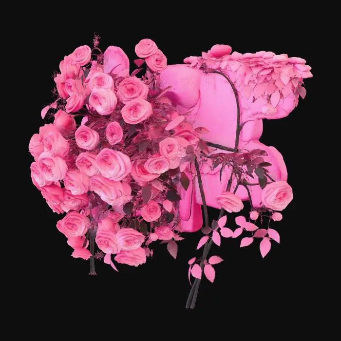 3D model for pink rose vines crawling up the wall of a ruins in full bloom