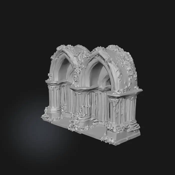 3D model for a series of gothic arches side by side  stone and moss