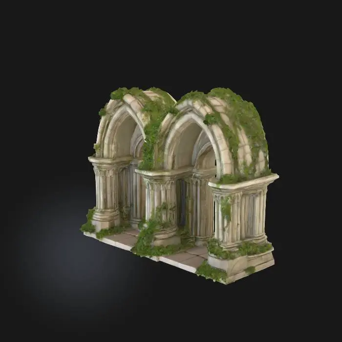 3D model for a series of gothic arches side by side  stone and moss