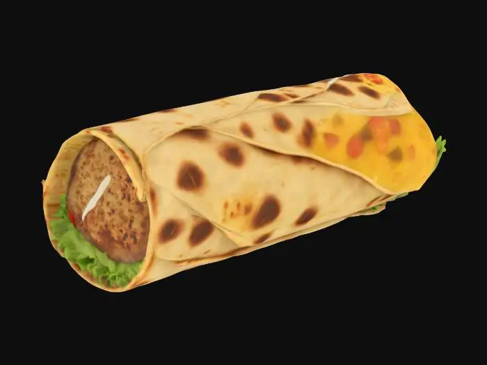 3D model for A realistic 3D model of a kebab tortilla presents a warm, lightly toasted flatbread, folded to cradle its rich contents. The tortilla's surface appears soft yet slightly firm, with subtle golden-brown char marks and a delicate, floury texture. Inside, tender slices of spiced meat, vibrant red tomatoes, crisp green lettuce, and creamy white garlic sauce are visible, creating a varied, appetizing blend of colors and textures